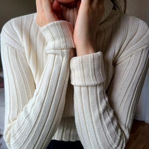 Beige Turtleneck Semi-Cropped Length Sweater